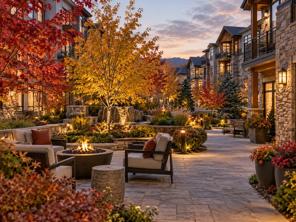Editorial landscaped community amenity scene illustrating Whisper Creek lifestyle
