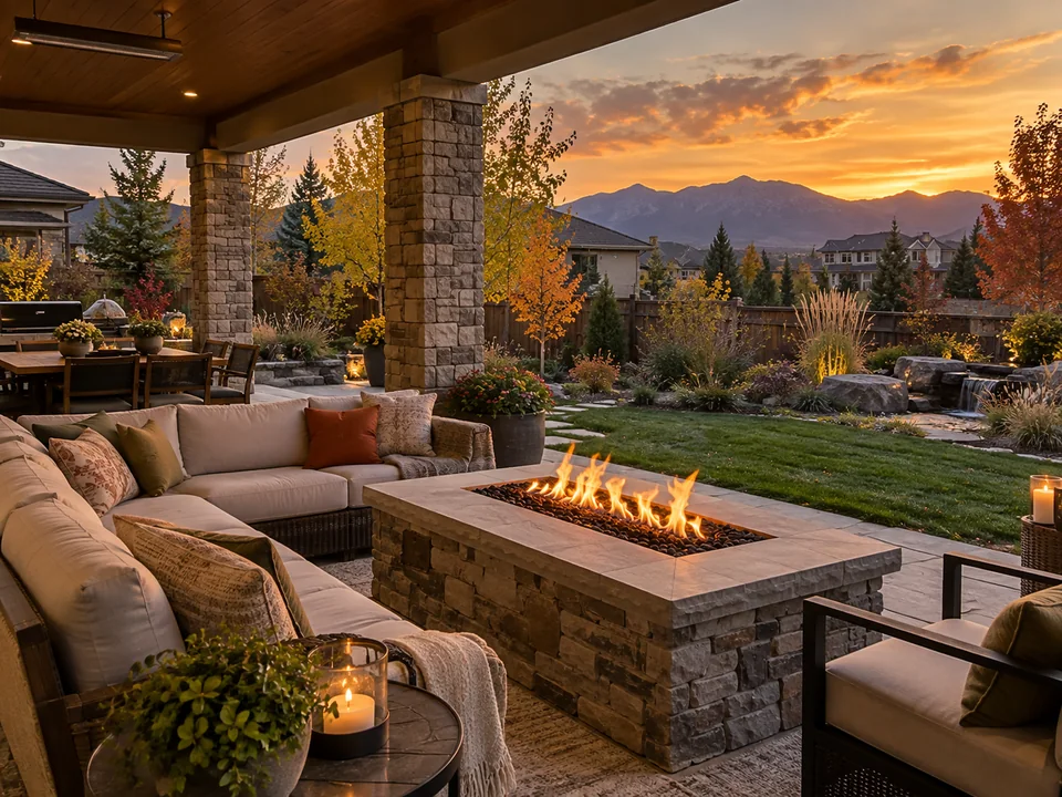 Editorial landscaped outdoor-living and open-view scene illustrating The Broadlands lifestyle