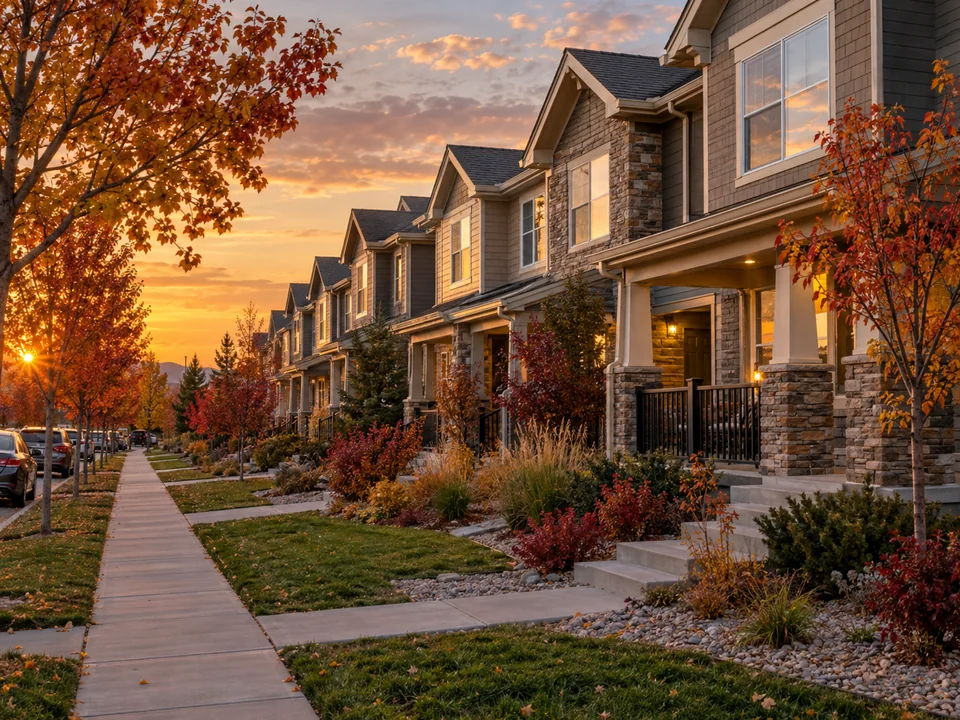 Editorial walkable attached-home streetscape illustrating Bradburn neighborhood character