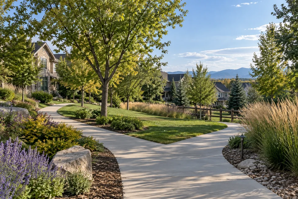 Colorado residential neighborhood and open-space editorial image