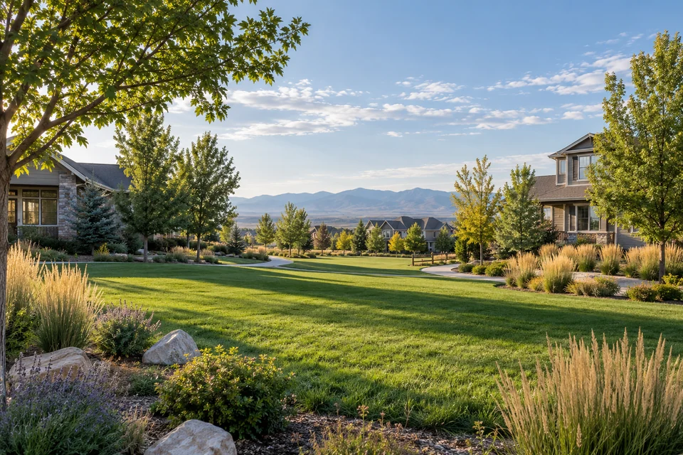 Editorial Golden-area landscaped open-space and residential scene