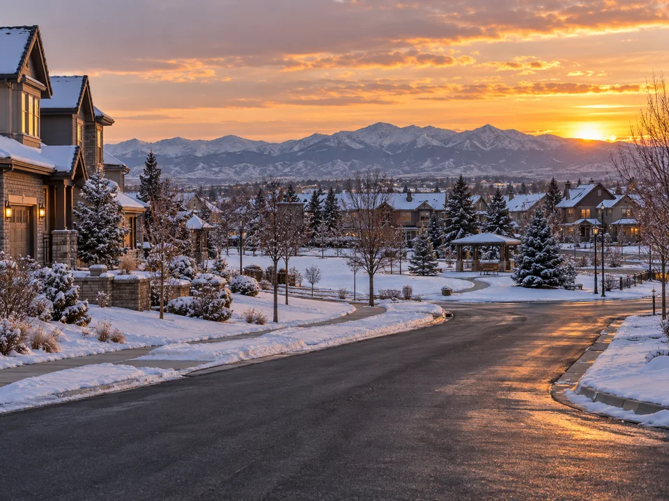 Editorial Broomfield-area residential streetscape with Front Range context