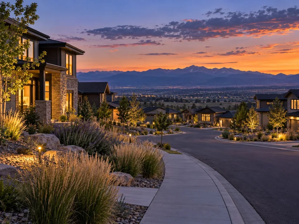 Colorado residential street and mountain-view editorial image