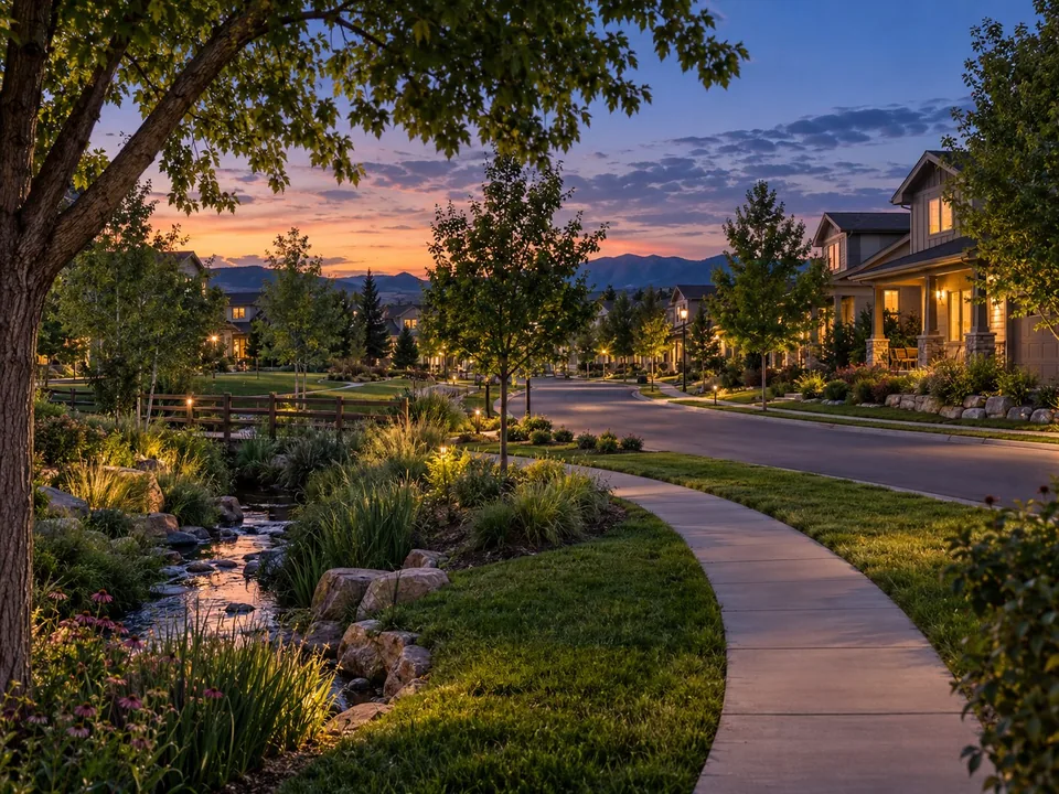 Colorado neighborhood trail and landscaped creek editorial image